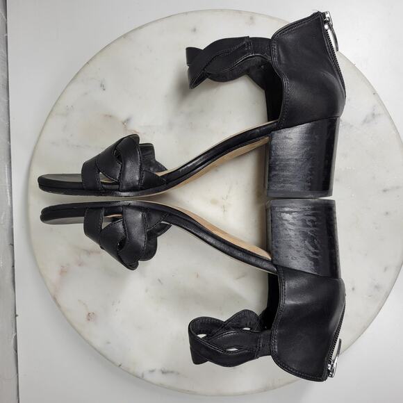 VTG Via Spiga Janel Heels Womens 7 Black Leather Chunky Twisted Strap Block Heel - Picture 12 of 16
